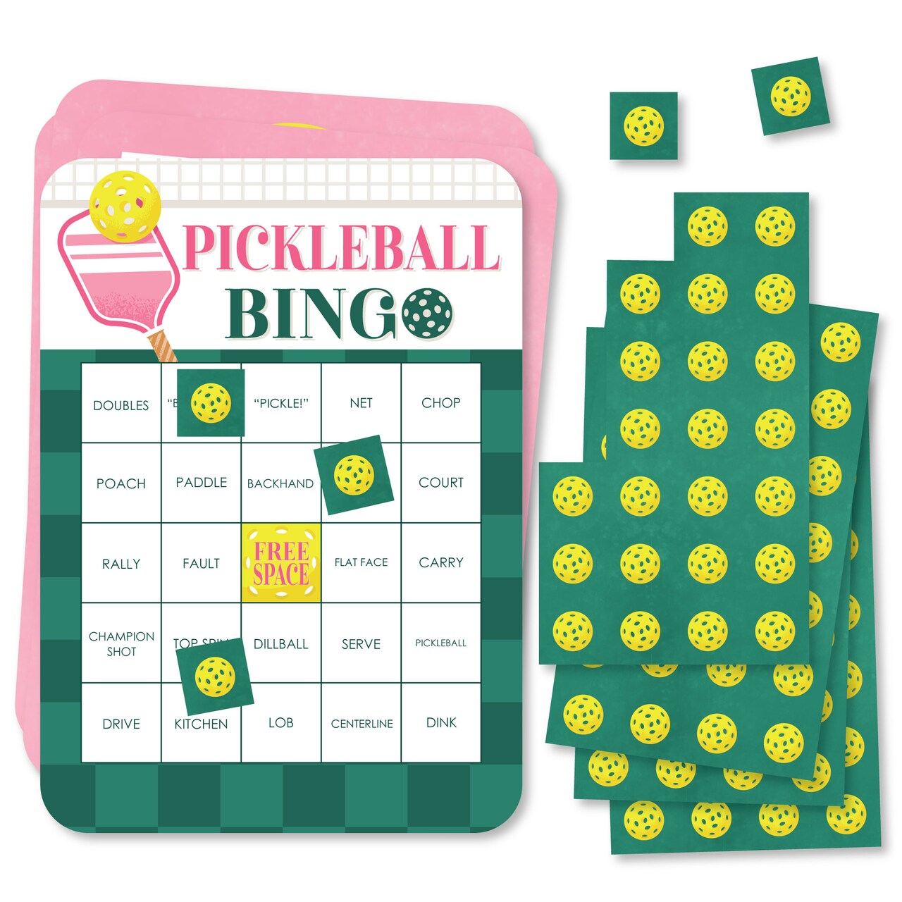 Big Dot of Happiness Pink Pickleball Bingo Cards and Markers, Country Club Party Bingo Game Activity for Bridal Shower or Birthday Party - Set of 18